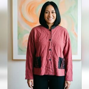 Burgundy & Black  Asian Inspired Button Down Jacket size L